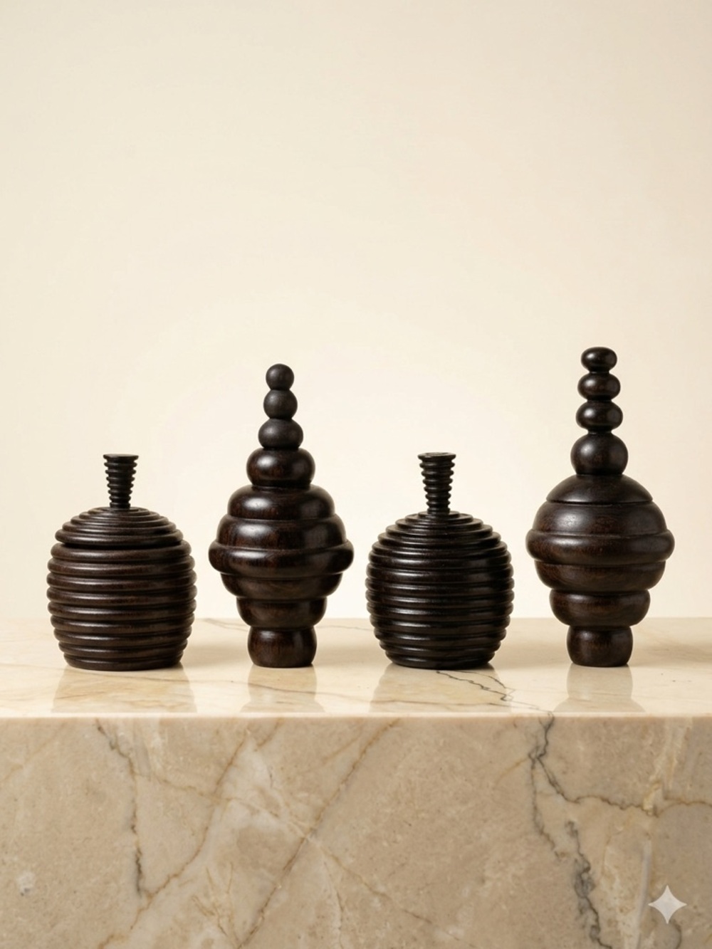 Vintage Hand-Turned Wood Lidded Vessel Set of 4 - Ribbed Architectural Finials